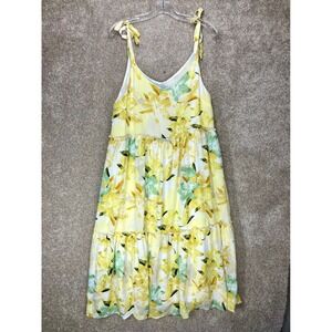 Hayden Floral Print Tiered Midi Dress Womens Sz L Yellow Green Boho Summer Flowy